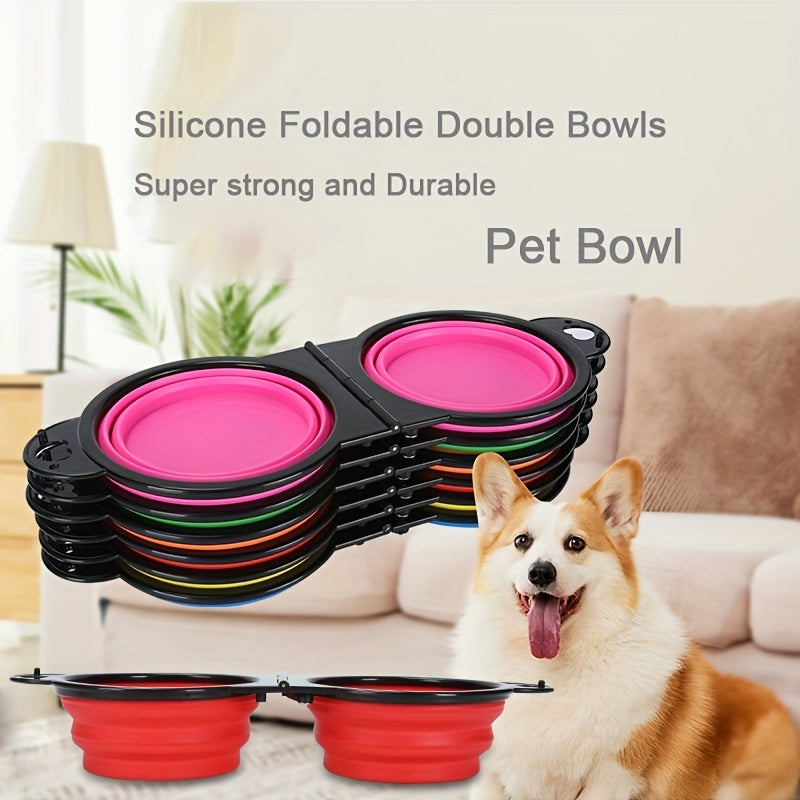 Portable Pet Folding Bowl, Outdoor Dog Double Bowl for Water and Food Sharing, TPE, Hangable With Climbing Bucket, Telescopic, Suitable for Travel Camping Outdoor Walks, Cat Bowl Pet Dog Food Basin