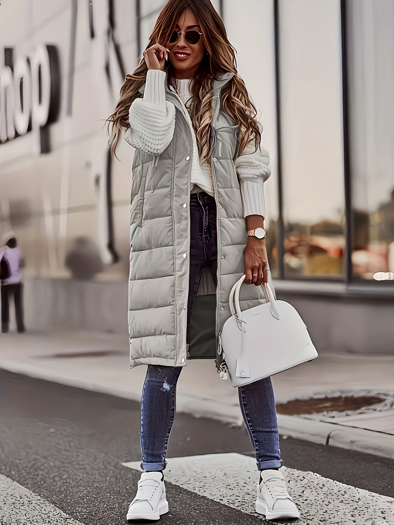 Solid Color Single-Breasted Long Padded Hooded Coat, Slim Fit Elegant Cardigan, Warm Pocket Vest