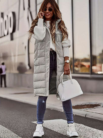 Solid Color Single-Breasted Long Padded Hooded Coat, Slim Fit Elegant Cardigan, Warm Pocket Vest