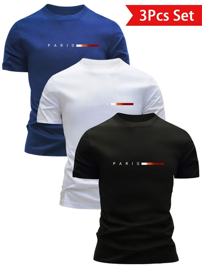 3pcs Men'S Lightweight Breathable T-Shirts - Quick-Dry Moisture-Wicking Round Neck Tops with Paris Print, All-Season Casual & Formal Wear, Sweat-Resistant