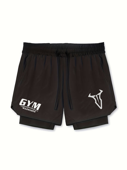 2-in-1 Double Layer Shorts With Inner Pocket, Men's Quick Dry Sports Shorts For Summer Gym Workout Training