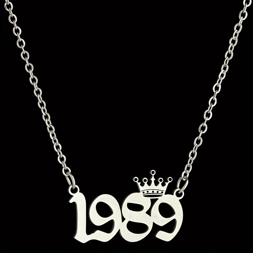 1 Elegant and Stylish Stainless Steel Polished Year Number Necklace, Unique Date Birthday Crown Pendant Necklace Gift for 1980-2024, Versatile Casual Attire Collarbone Chain Holiday Present