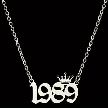 1 Elegant and Stylish Stainless Steel Polished Year Number Necklace, Unique Date Birthday Crown Pendant Necklace Gift for 1980-2024, Versatile Casual Attire Collarbone Chain Holiday Present