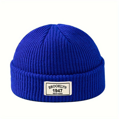 MAKEFGE Men's Fashion Knitted Beanie - Warm, Elastic Acrylic Winter Hat with Letter Patch, Ideal for Active Leisure, Holiday Gifts and Valentine's Day