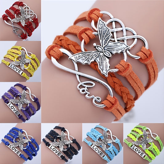 Handmade Multilayer Leather Vintage-Inspired Bracelet with Letter "Love" and Butterfly Charm for Men and Women