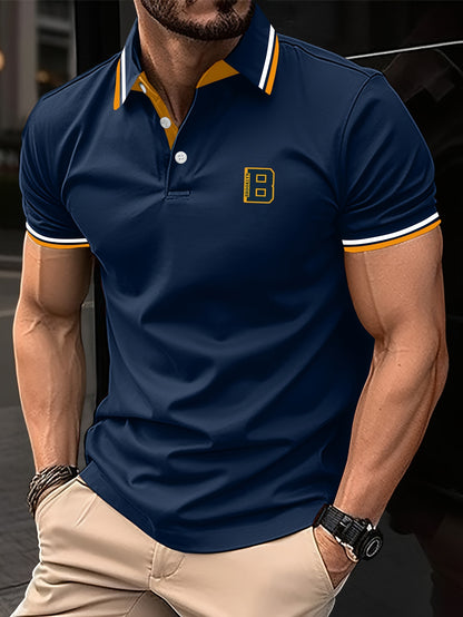 Men'S Summer Short-Sleeve Polo Shirt with a Stylish Color-Blocked Striped Collar for Casual Wear.