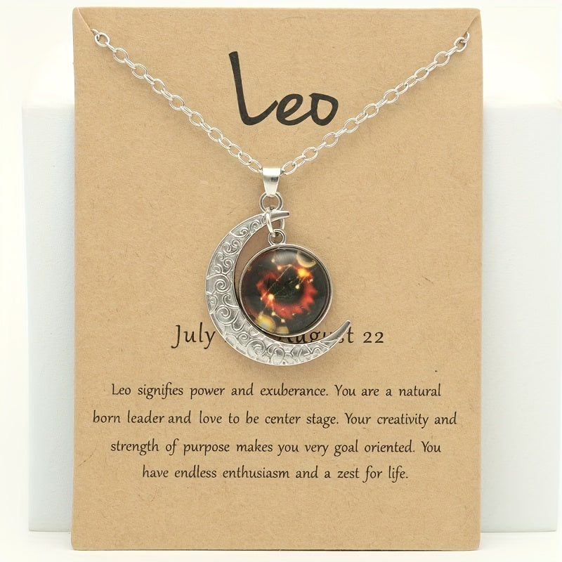 1pc Retro Glow-In-The-Dark Zodiac Moon Pendant Necklace - Vintage Style, Zinc Alloy with Accents, Adjustable Chain for Women - Ideal for Daily Wear & Gifting, Zodiac Jewelry, Gift Jewelry, Vintage Jewelry, Durable Jewelry