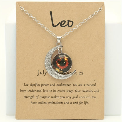 1pc Retro Glow-In-The-Dark Zodiac Moon Pendant Necklace - Vintage Style, Zinc Alloy with Accents, Adjustable Chain for Women - Ideal for Daily Wear & Gifting, Zodiac Jewelry, Gift Jewelry, Vintage Jewelry, Durable Jewelry