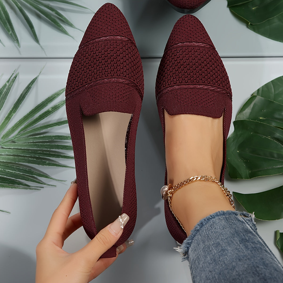 Pink Pointed Knit Flats, Women Shoes