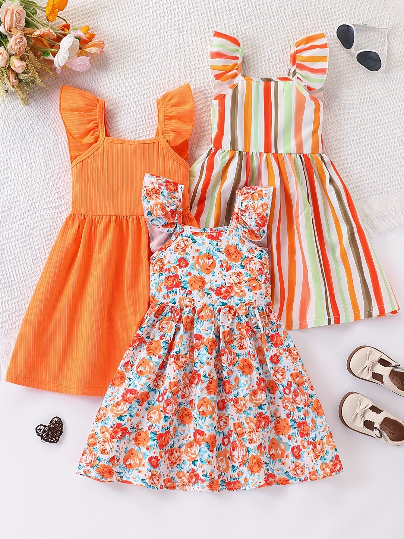 Young Girls' Summer 3pcs Set Simple Dress with Small Flutter Sleeves, Striped and Floral Print, Casual and Fashionable Dress, Suitable for Vacation, Leisure, and Outdoor Activities