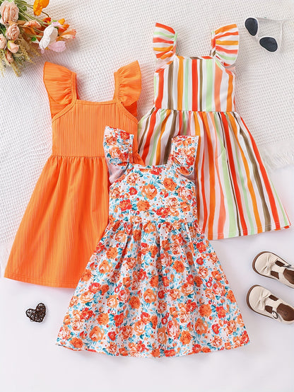 Young Girls' Summer 3pcs Set Simple Dress with Small Flutter Sleeves, Striped and Floral Print, Casual and Fashionable Dress, Suitable for Vacation, Leisure, and Outdoor Activities