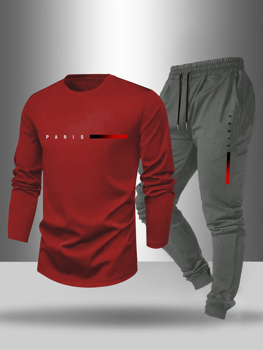 Men's Long Sleeve T-Shirt and Pants Set, Spring/Autumn 2-Piece Set with Paris Letter Print Crew Neck Long Sleeve T-Shirt + Drawstring Outdoor Casual Sports Pants Set 2-Piece
