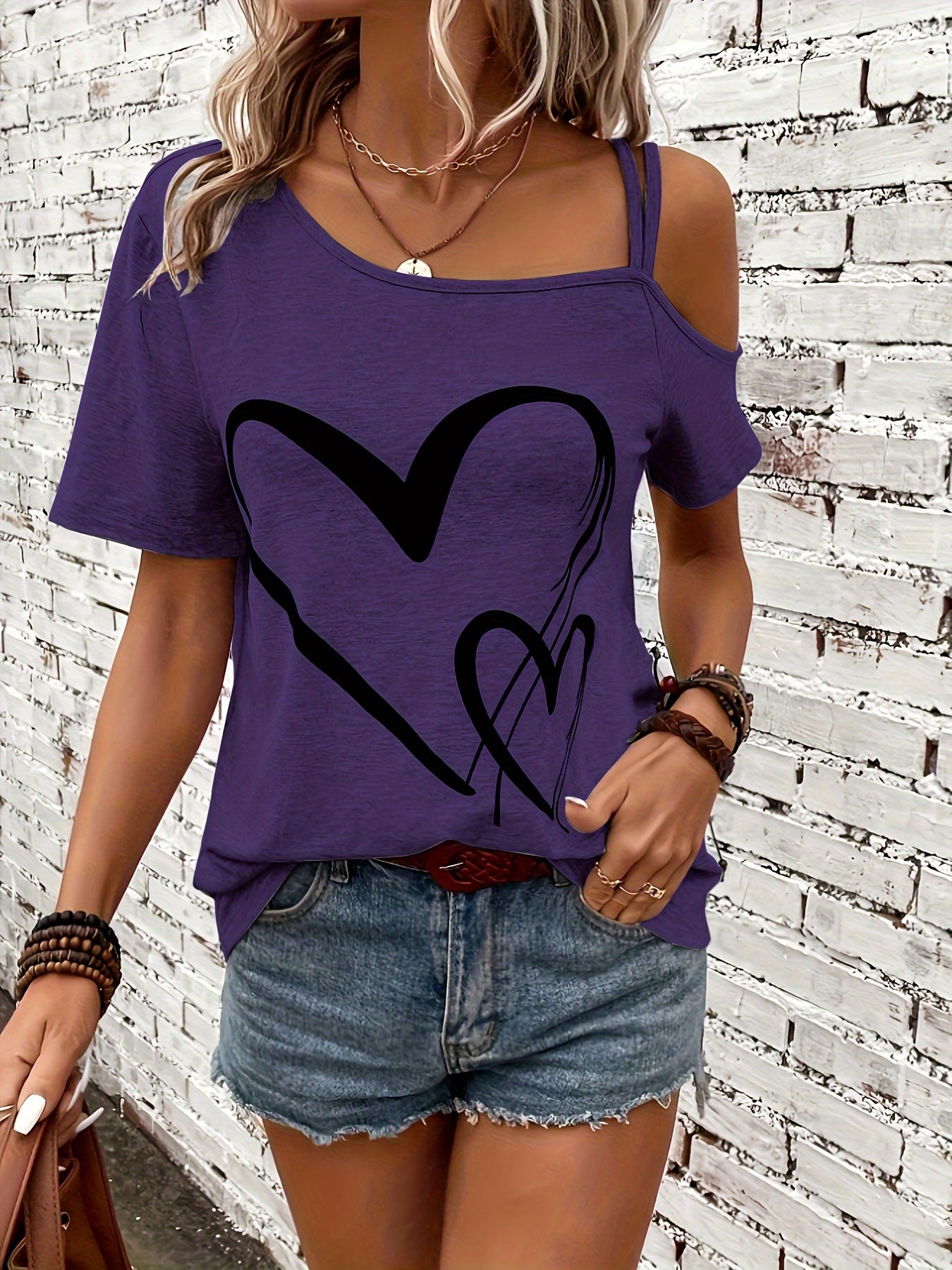 Heart Print One Shoulder T-shirt, Elegant Short Sleeve Top For Spring & Summer, Women's Clothing