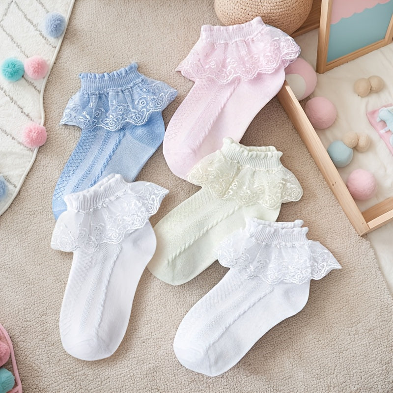 5 Pairs of Girls' Socks with Lace Ruffles, Breathable And Comfortable, Perfect for Dance And Princess Themes