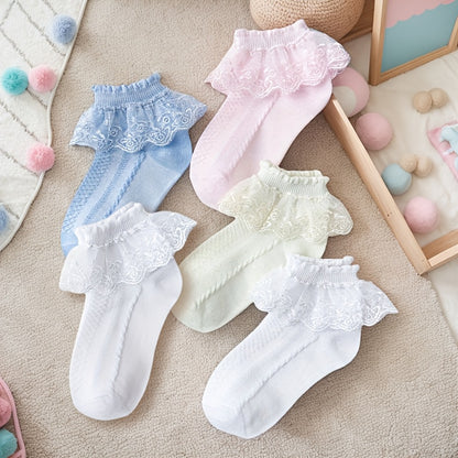 5 Pairs of Girls' Socks with Lace Ruffles, Breathable And Comfortable, Perfect for Dance And Princess Themes