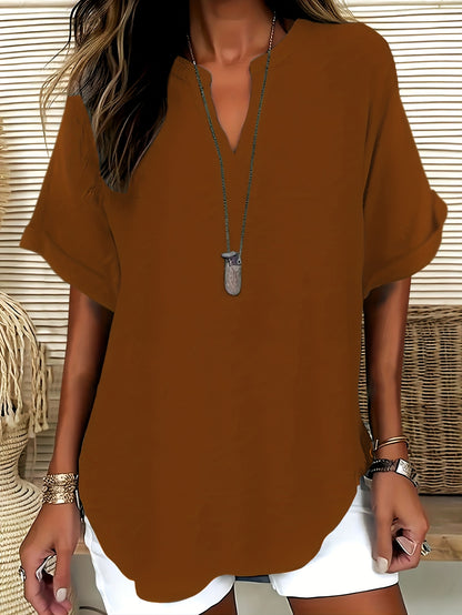 Women's V-Neck Drop Shoulder Sleeveless Solid Color Loose Short Sleeve Shirt Top