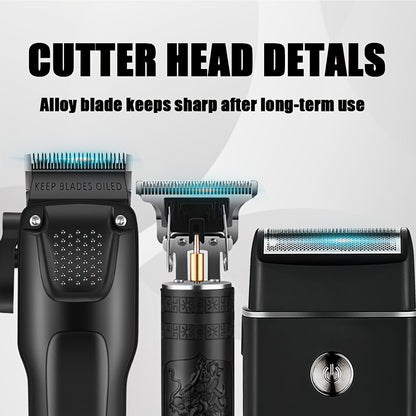 3pcs Men'S Professional Hair & Beard Grooming Kit - Cordless Clippers with LED Display, Precision Trimmer Set, USB Rechargeable, for Home Use, Perfect Holiday Gift