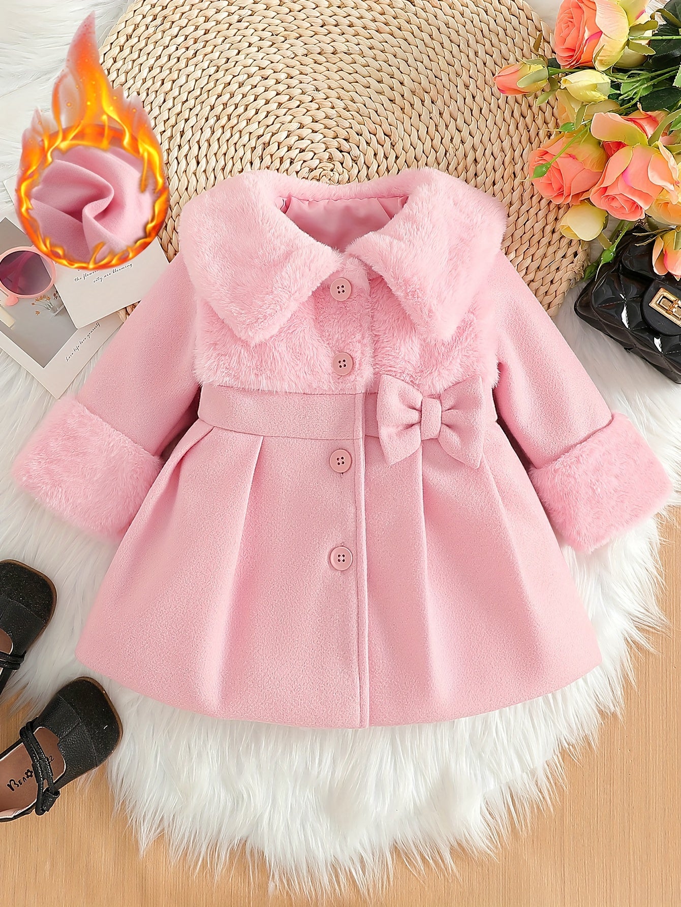 Girls' Valentine's Day Outfit, Girls' Autumn/Winter Irregular Plush Lapel Blend Bow Button Cardigan Coat, Suitable for Outings, Gifting, Back-to-School Season Apparel, Back-to-School Outfits, Back-to-School Small Gifts, Girls' Birthday Gift