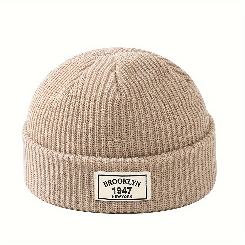 MAKEFGE Men's Fashion Knitted Beanie - Warm, Elastic Acrylic Winter Hat with Letter Patch, Ideal for Active Leisure, Holiday Gifts and Valentine's Day