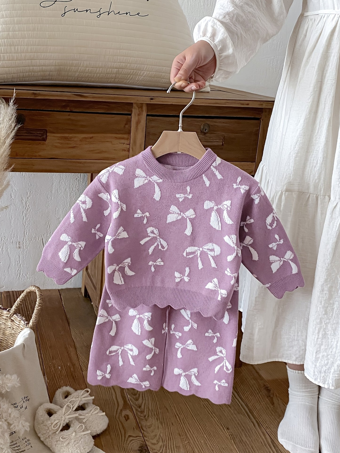 Baby Girl Sweater Set Autumn And Winter Baby Bow All-Over Print Wide-Leg Knit Two-Piece Set, for Outdoor