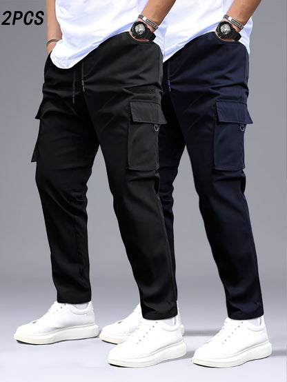 2pcs Men's Heavy-Duty Pants with Multi- Cargo Pants - Solid Color - Outdoor Pants, Belt Loops & Drawstring Waist, Machine Washable for,, Casual Wear (Regular Fit)