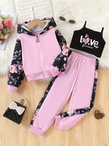 3pcs Set for Girls: Spring/Autumn Fashion Cartoon Flower and "Love" Letter Print Zipper Hooded Cardigan Jacket with Camisole Long Pants, New Cute Baby Children's Girls' Outdoor 3pcs Set, Perfect for Outdoor