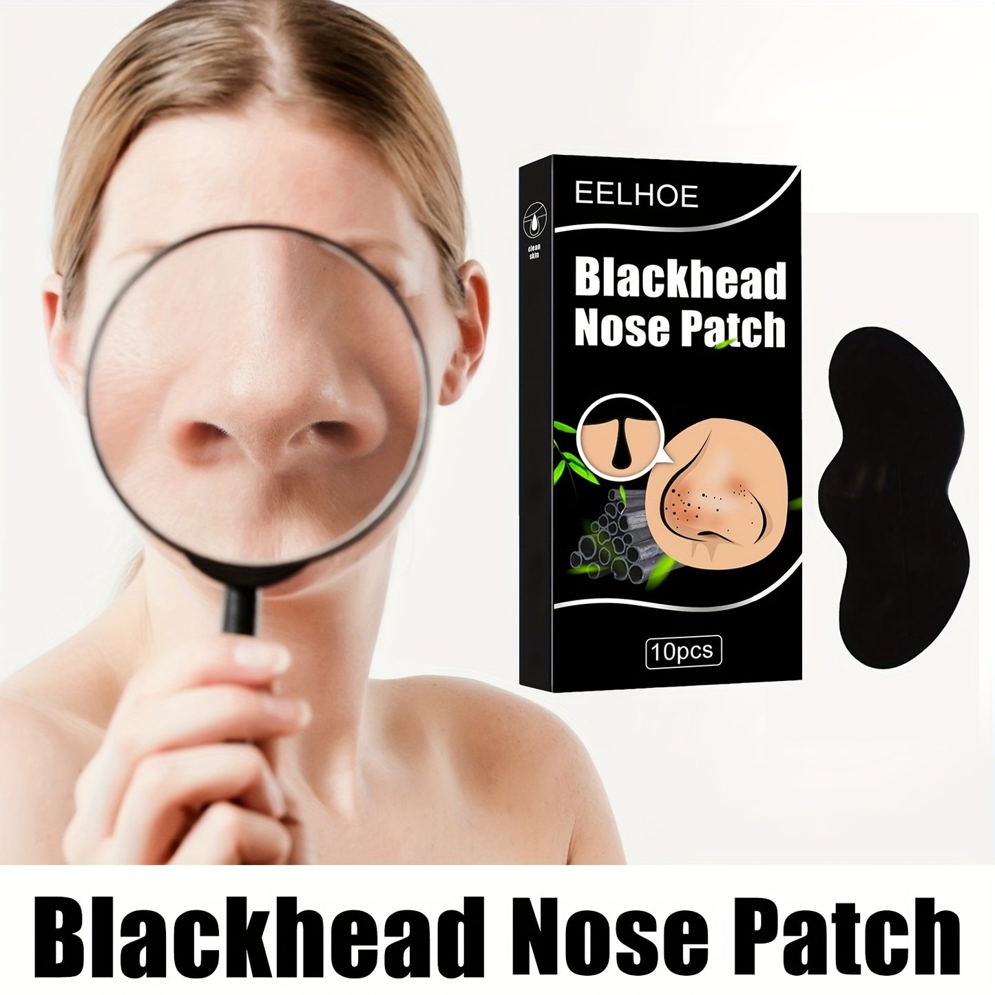 Blackhead and Pimple Nose Strips, 10 Sheets, Bamboo Charcoal, Deep Cleansing Nose Mask