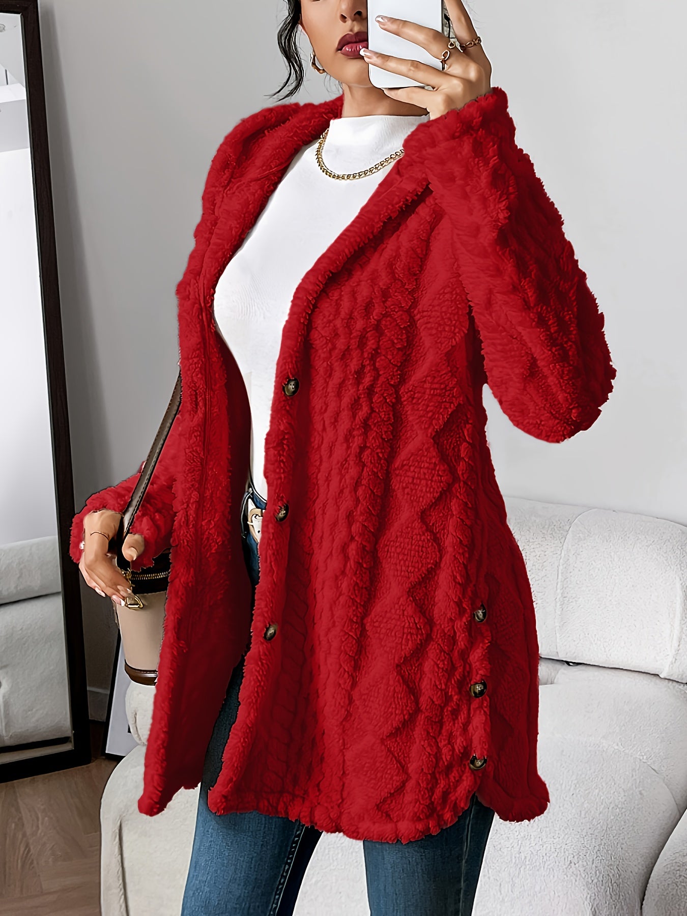 Autumn-Winter Warm Fashion Jacquard Plush Hooded Cardigan Coat