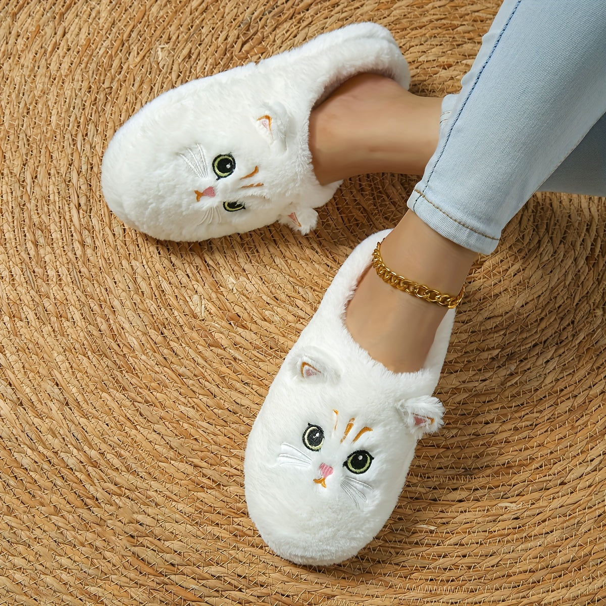 Cute Kawaii Cartoon Big-Eyed Cat Ears Winter Plush Slippers, Soft-Soled Plush Thin-Sole Soft Indoor House Shoes, Women Shoes