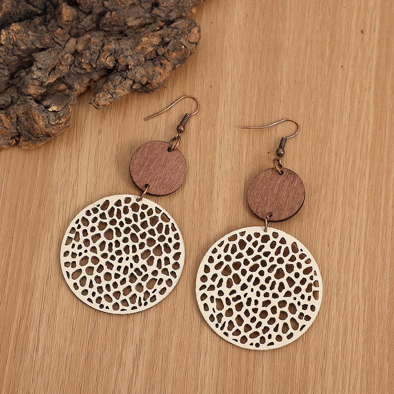 Bohemian Retro Wood Chip Round Hollow Faux Leather Earrings