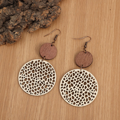Bohemian Retro Wood Chip Round Hollow Faux Leather Earrings