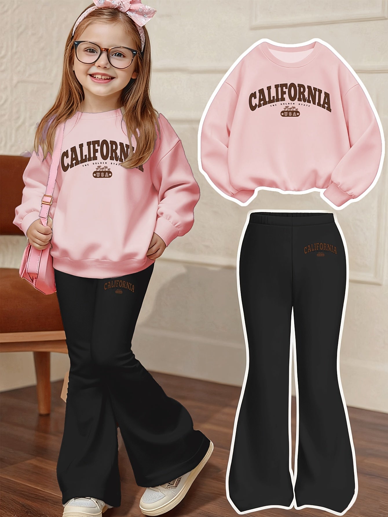 California Letter Print Casual Set, Including a Loose-fit Sweatshirt and Flared Pants, a 2pcs Set Suitable for Children Aged 4-13, Comfortable Autumn and Winter Clothing for Daily Wear and Casual Play. Suitable for Daily and Party Outfits, a 2pcs Set
