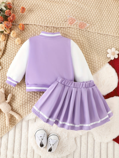 Girls' American-Style Patchwork Baseball Jacket And a Preppy-Style Skirt Set