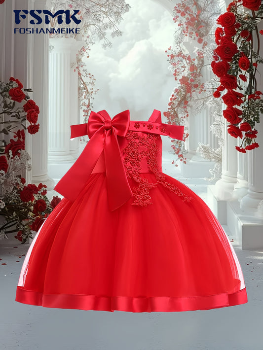 New Children'S First Birthday Baptism Dress Princess Dress Baby Girl Mesh Tutu Skirt Bow Dress Party Dress Off-The-Shoulder Embroidered Dress 1