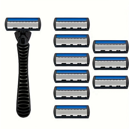 [Manual Razor Set] 6-Layer Manual Razor Set - Men's Grooming Kit with Non-Slip Metal Handle, Multiple Replacement Blades - Ideal for Beard and Mustache Trimming, Durable Shaver Set, Beard Grooming Kit, Sleek Razor Design