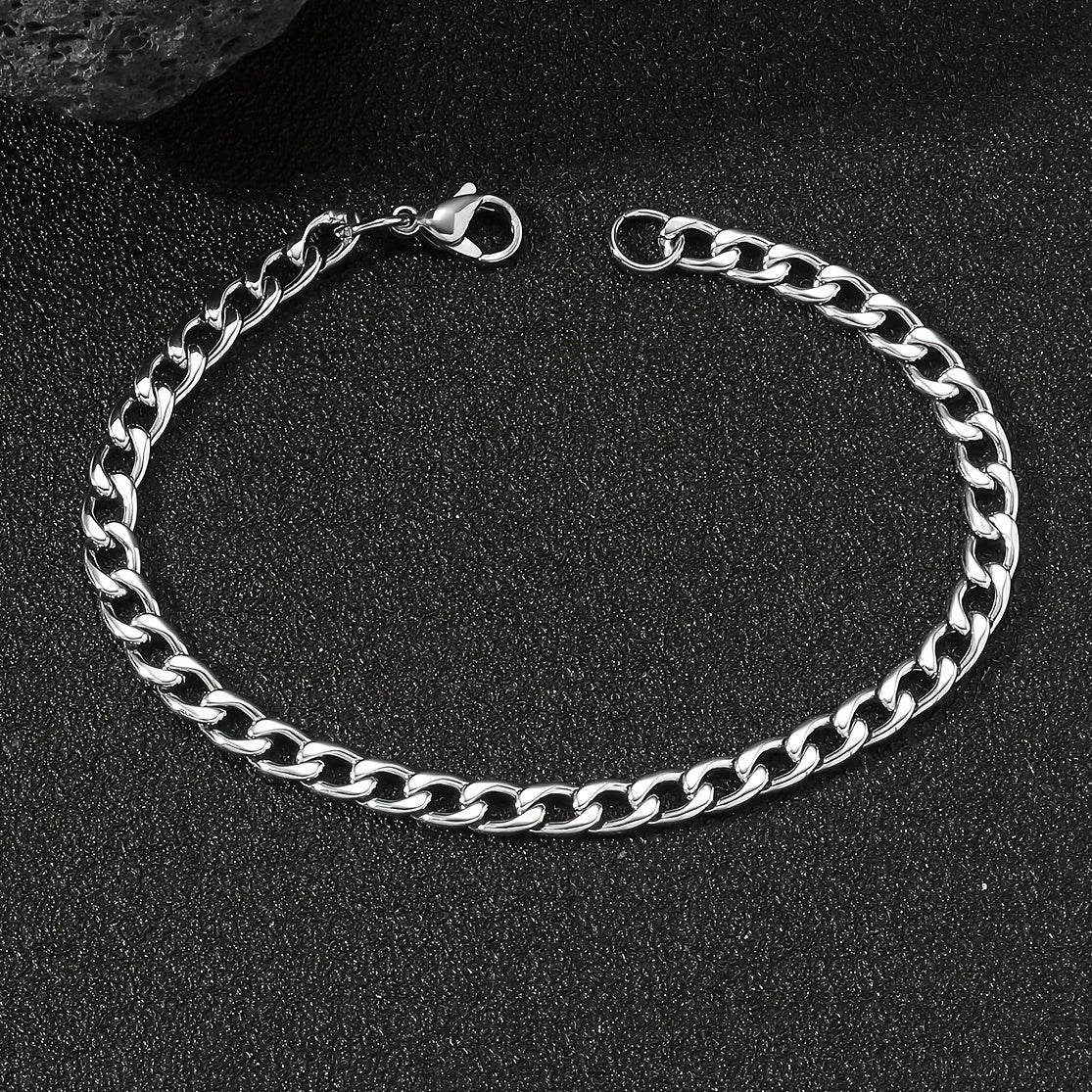 [Popular Chain Bracelet] 1pc Men's Stainless Steel Minimalist Silvery Chain Bracelet | Hip Hop Punk Style Fashionable Popular Jewelry Gift Party