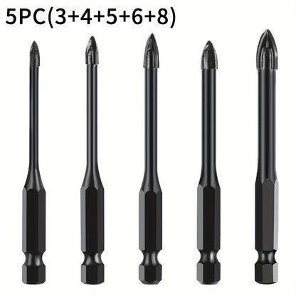 5pcs High-efficiency  Drilling Tool, Hexagonal Shank Cross Reaming Triangular Drill Bit, Glass Ceramic Woodworking Electric Tool, Hard Alloy Rust Proof Accessory, Cross Spear Head Drill Bit 3/4/5/6/8mm