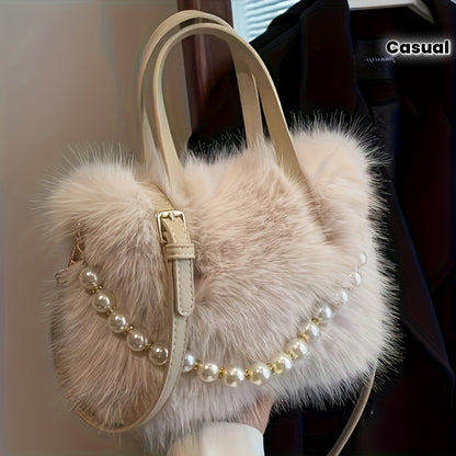 Available in 5 Colors, a Fashionable Faux Fur Crossbody Bag with Accents - Women's Soft Plush Shoulder Bag, Options in Deep Pink/white/black