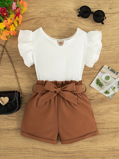 A Summer Casual Outfit for Girls Featuring a Sleeveless Round-Neck Top And Shorts Set, Complete with a Belt, for Outdoor