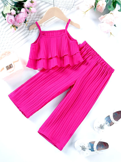 Little Girl's Summer Plain Vest 2pcs Set with Straight Trousers, Fashionable and Elegant Children's Clothing., Perfect for Outdoor