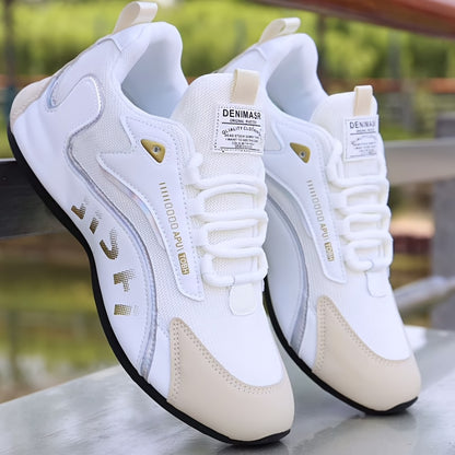 Men's Fashion Casual Sneakers - Breathable Mesh Upper, Anti-Slip Sole, Lace-Up "DENMAI" Design in White and Black with Golden Accents, All-Season Sneakers | Stylish Cross-Over Footwear