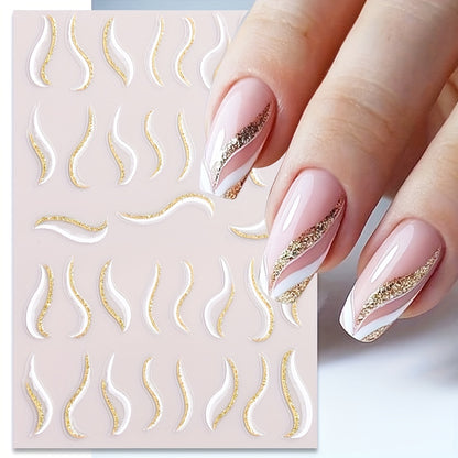 French Golden Silvery Glitter Ribbon Nail Stickers, Simple Nail Art Decals, Self-adhesive, Matte Finish, Unscented, Fantasy Theme, Irregular Shape, Paper Material, Single Use