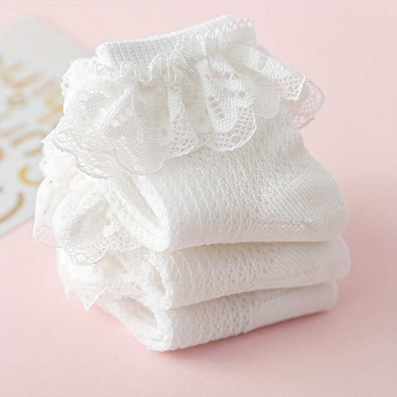 3pairs Baby Girls Lace Trim Socks, Breathable Comfortable Princess Socks for Infant Newborn Toddlers