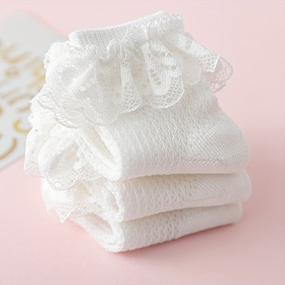 3pairs Baby Girls Lace Trim Socks, Breathable Comfortable Princess Socks for Infant Newborn Toddlers