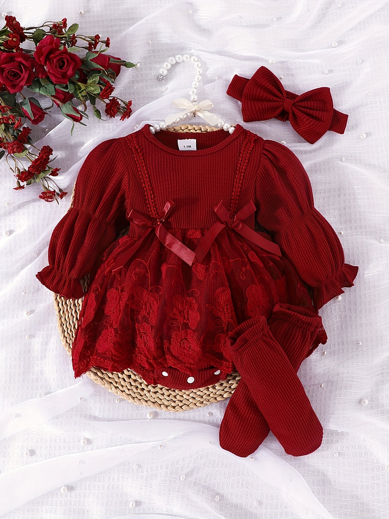 Autumn And Winter Baby Waffle Lantern Sleeve Mesh Romper with Socks And Headband, for Outdoor