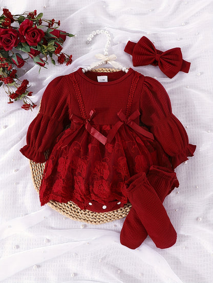 Autumn And Winter Baby Waffle Lantern Sleeve Mesh Romper with Socks And Headband, for Outdoor