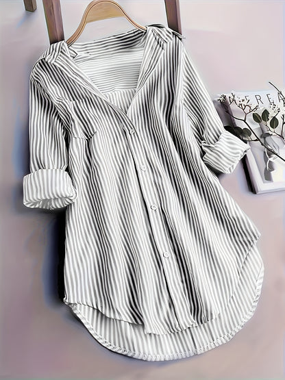 Elegant Striped Shirt for Women, Fashionable Long-Sleeve Top with a Collar