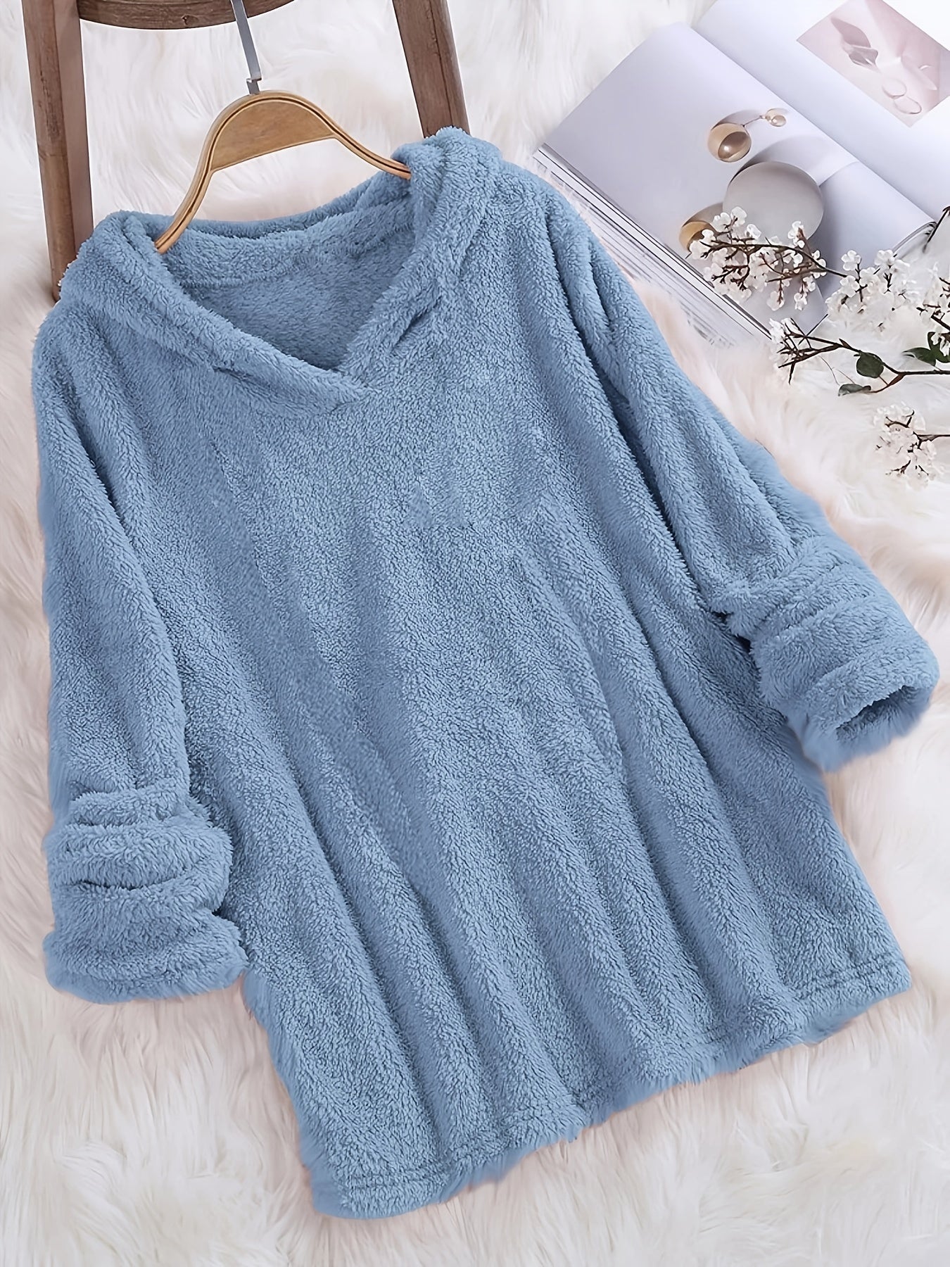 Fashion Women's Standard Size Fuzzy Pullover Solid Color Hoodie