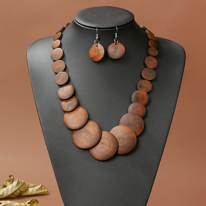 [Bohemian Jewelry] Colorful Bohemian Three-Piece Wooden Necklace and Earrings Jewelry Set for Women