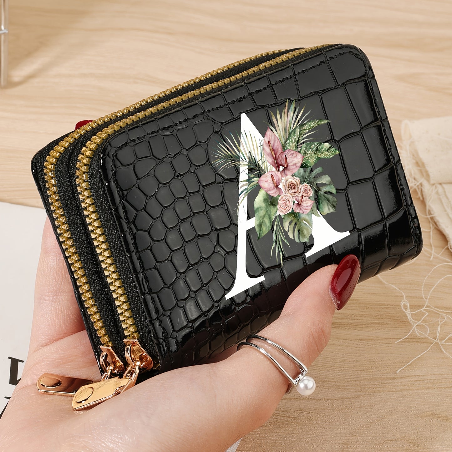 Simple, Stylish, Elegant Letter Printed Women's Credit Card Wallet, Large Capacity Multi Card Holder, Double Zipper Card Holder